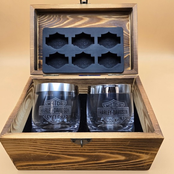 Harley-Davidson Whiskey Glass Set with Silicone Ice Tray and Wood Box 4pc Set - Picture 3 of 16
